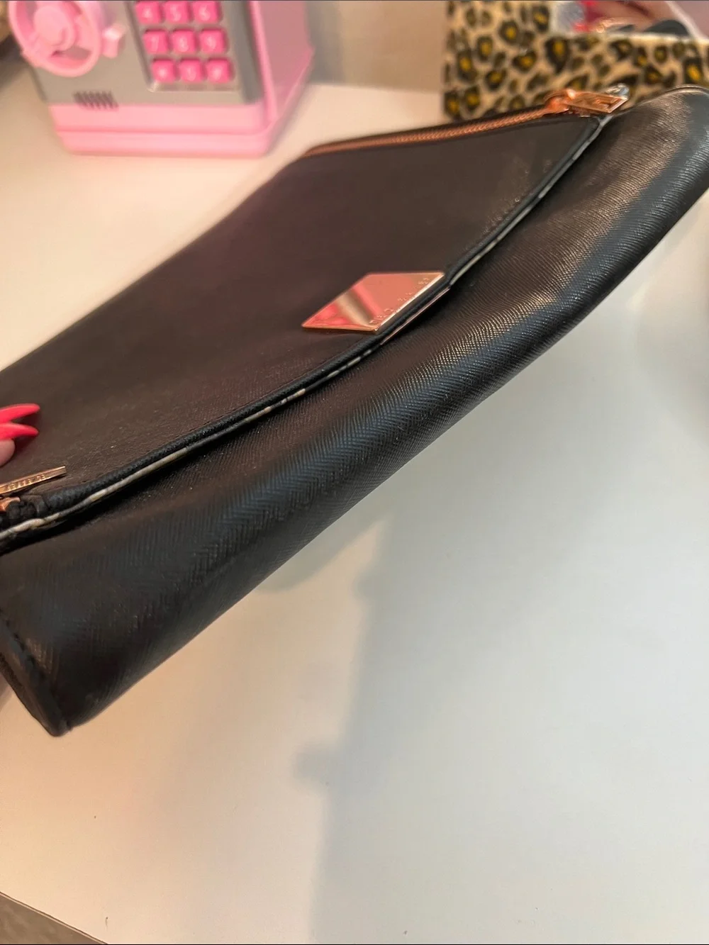 TED BAKER Black saffiano envelope-style clutch dual rose-gold zipper accent